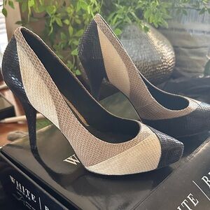 White House Black Market Two-Tone Snakeskin Pointed-Toe Pumps - Black & Cream